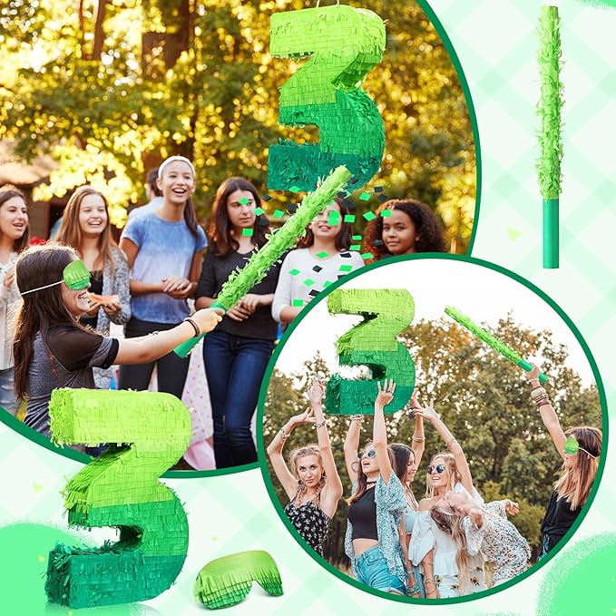 Number Piñata Decorations 16 Inch Gradient Green Piñata with Blindfold Stick and Confetti for Birthday Baby Shower Safari Jungle Themed Party Supplies Centerpiece(Number 3)