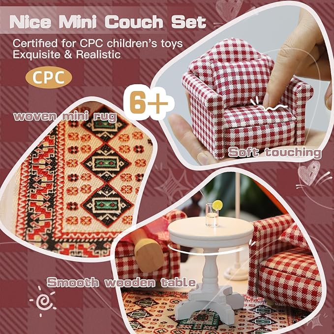 iLAND Cute Kids Toys for Girls 6-8 Lovely Dollhouse Furniture on 1/12 Scale Gingham Doll House Couch Set inc 2 Miniature Sofas 1 End Table 1 Rug Small for Girls