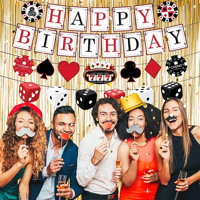 Pre-Strung Casino Party Decorations NO DIY Poker Happy Birthday Banner Casino Theme Banners Las Vegas Poker Night Party Supplies