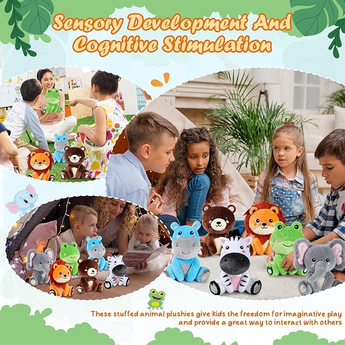 6 Pcs Forest Animals Toys 7 Inch Zebra Lion Hippo Bear Elephant Frog Large Stuffed Animals Bulk for Woodland Baby Showers Party Decor Birthday Gifts Classroom Teacher Student Awards
