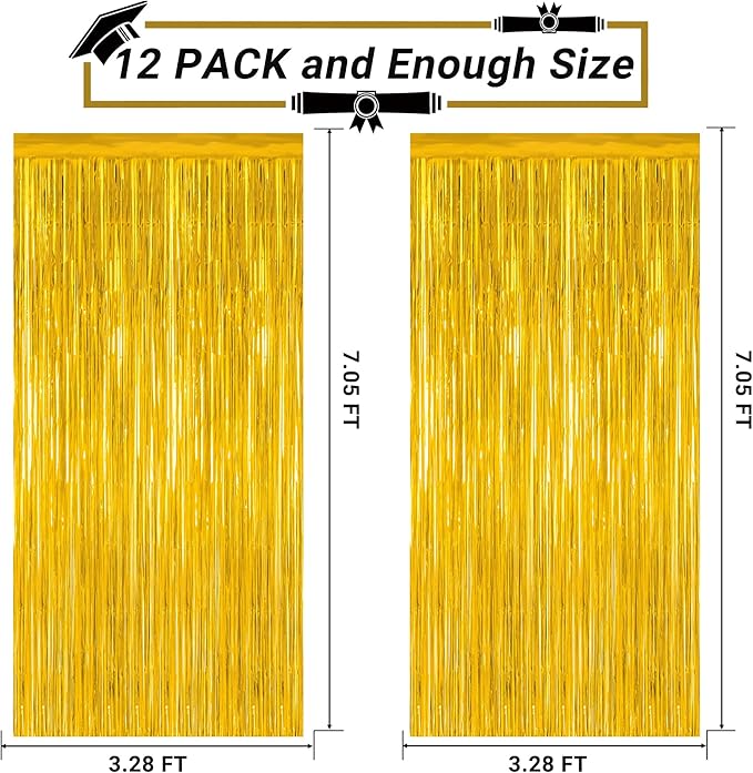 12 Pack 2026 Graduation Decorations, 3.28 FT x 7.05 FT Gold Backdrop Curtains, Metallic Class of 2026 Backdrop Fringe Curtains Foil Streamer, Gold Grad Decorations 2026 Party Supplies