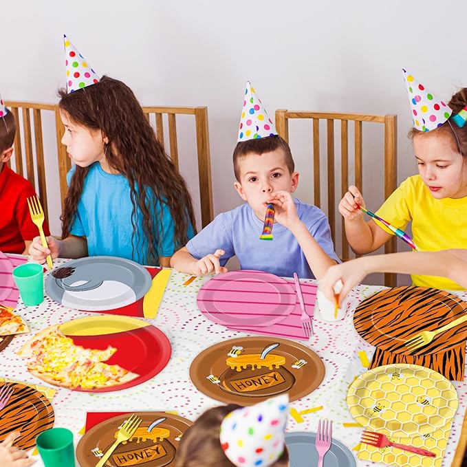 96PCS Cute Bear Birthday Party Plates and Napkins Set Cartoon Bears Theme Party Favor Decor Classic Bear Paper Tableware Dinnerware Set for Home Kids Baby Shower Birthday Parties Decorations Supplies