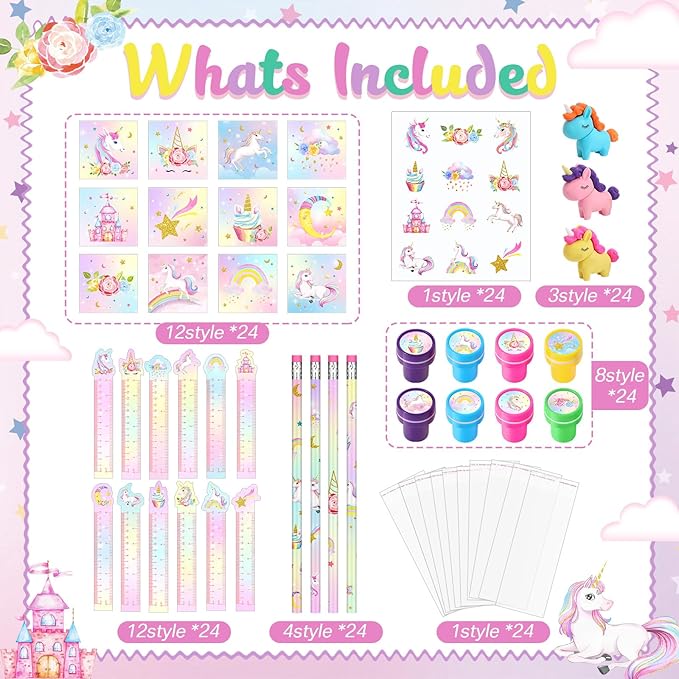 PerKoop 168 Pcs Unicorn Valentine's Day Favors Unicorn Goodie Favor Bags with Mini Notebook Pencil Sticker Stamp Pastel Rainbow Birthday Decor Prizes Gifts Goody Favors Bag Piñata Fillers Supplies
