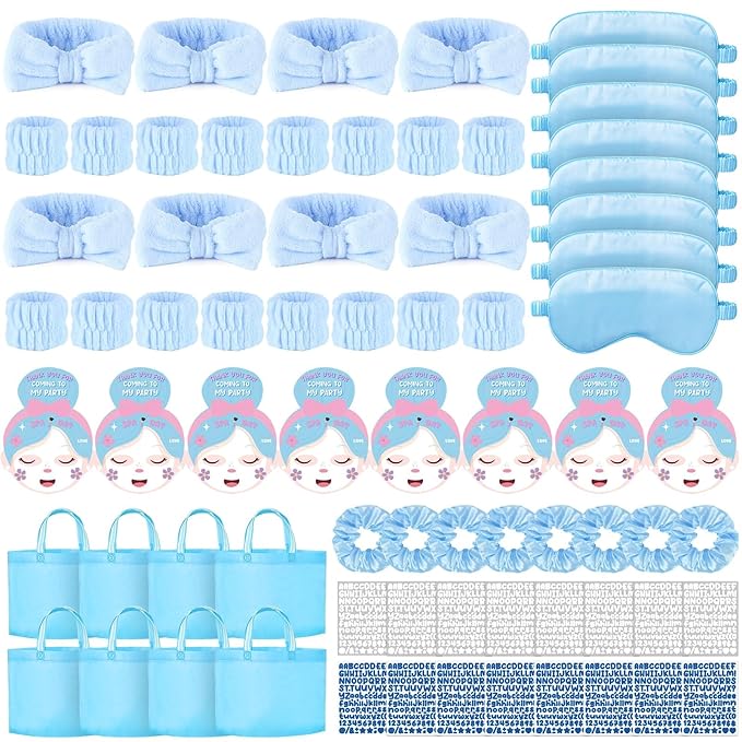 72 Pcs Blue Spa Sleepover Party Supplies for Girls With DIY Stickers And Greeting Card Pink Headband Wristbands Eye Mask Hair Scrunchie Tote Bag Sleeping Slumber Party Favors