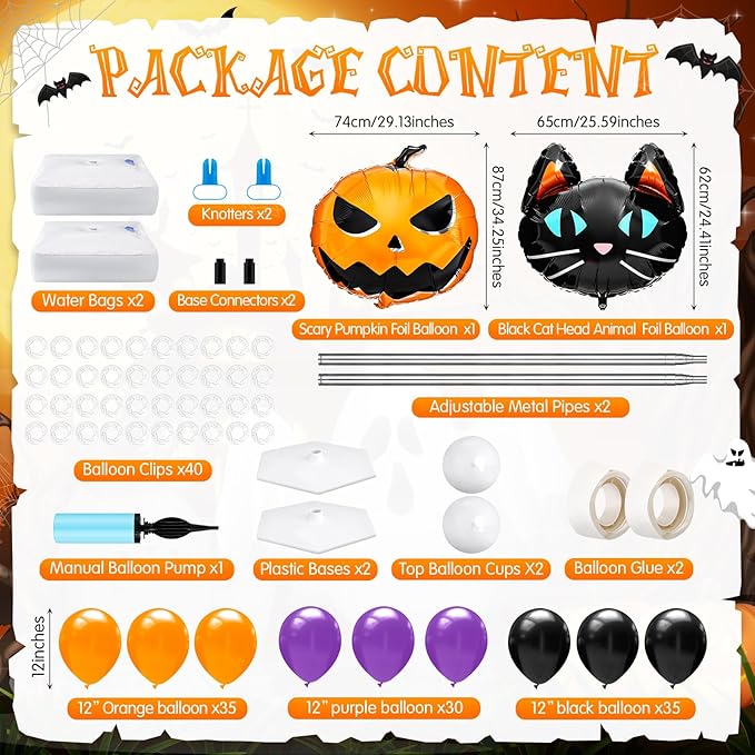 Kasyat 2 Set Halloween Balloon Column Stand Kit with Cat Head Scary Pumpkin Foil Balloon Orange Black Purple Arch Garland Kit for Spooky Birthday Party Halloween Theme Decoration