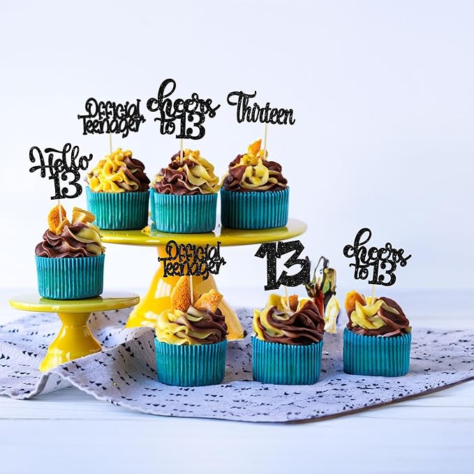 30Pcs 13th Birthday Cupcake Toppers Hello 13 Cupcake Picks Official Teenager Cheers to 13 Years Old Cake Decorations for 13th Birthday Anniversary Party Supplies Black Glitter