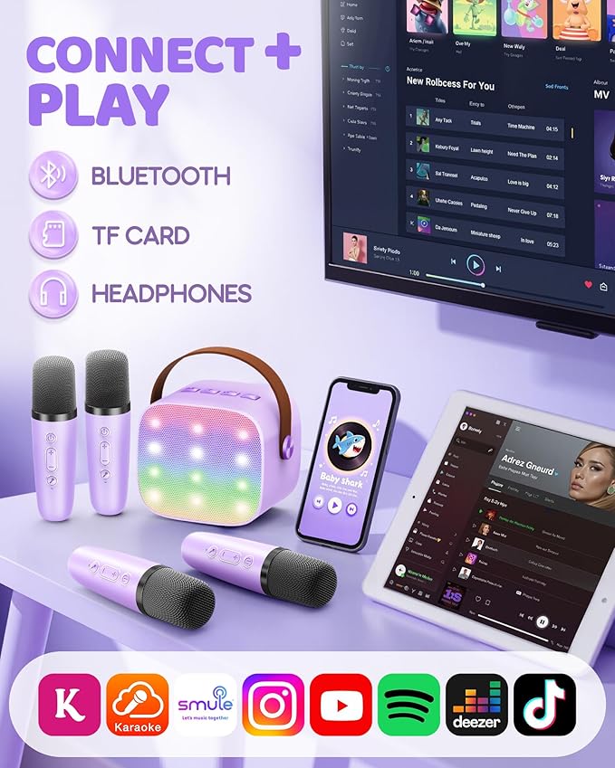 Upgraded Mini Karaoke Machine with 4 Wireless Microphones Toy for Kids, Birthday Gifts for Girls Boys, Portable MP3 Player for Ages 3, 4, 5, 6, 7, 8, 9, 10, 11, 12+ Year Old Party (Purple)