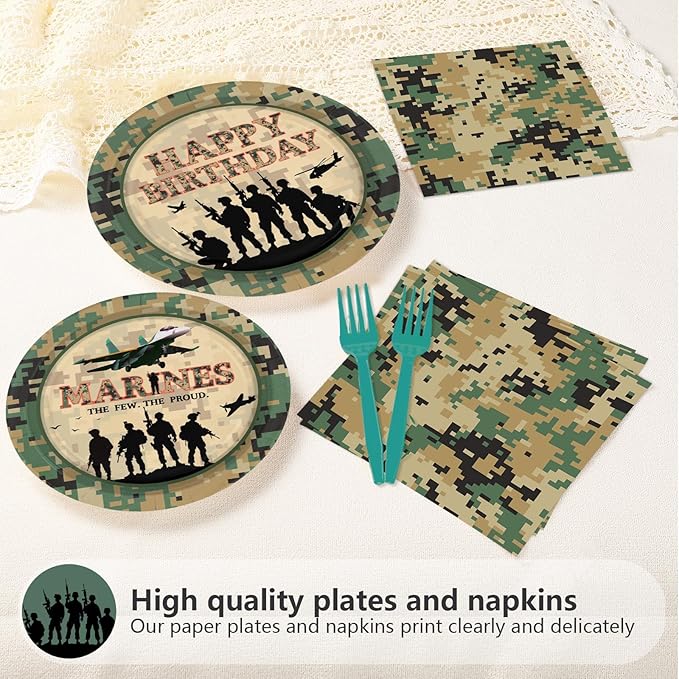 96Pcs Military Camo Birthday Party Supplies Army Camouflage Plates and Napkins Disposable Solider Themed Tableware Set for Boys Men Birthday Camping Hunting Party Decorations Serves 24