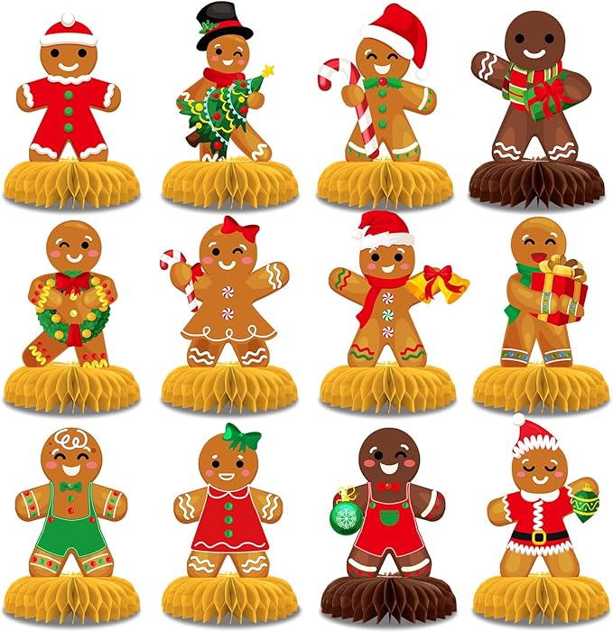 12 Pcs Gingerbread Honeycomb Centerpieces Christmas Table Decorations Gingerbread Man 3D Honeycomb Decoration Tabletop Holiday Party Decorations for Winter, Xmas Cookie Tabletop Decor