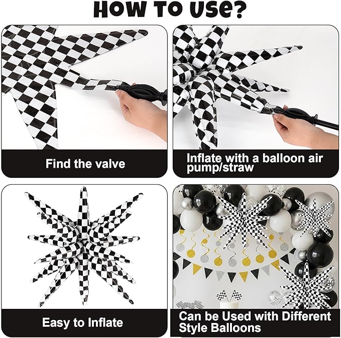 10 Pcs Star Balloons Explosion Balloon Foil Cone Balloons Magic for Birthday Wedding Anniversary Party Backdrops Decorations Supplies, 6 Pcs 22Inch and 4 Pcs 27Inch (Black and White)
