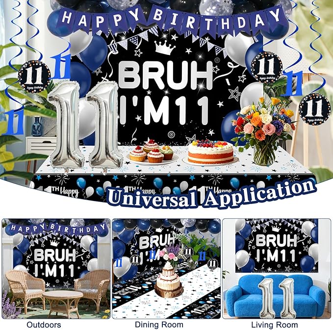 11th Birthday Decorations for Boys & Girls, 54 PCS Blue Black Party Decorations, 11 Year Old Boy Birthday Party Supplie with Banner Backdrop, Hanging Swirls, Tablecloth, Bruh I'm 11 Party Supplies
