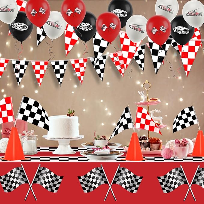 Race Car Party Decorations, Checkered Flag Party Supplies-12 Traffic Cones and 24 Racing Checkered Flags, 6.5Ft Racetrack Floor Runner and 9.8ft Banner, Tablecloth, Balloons and Ribbons