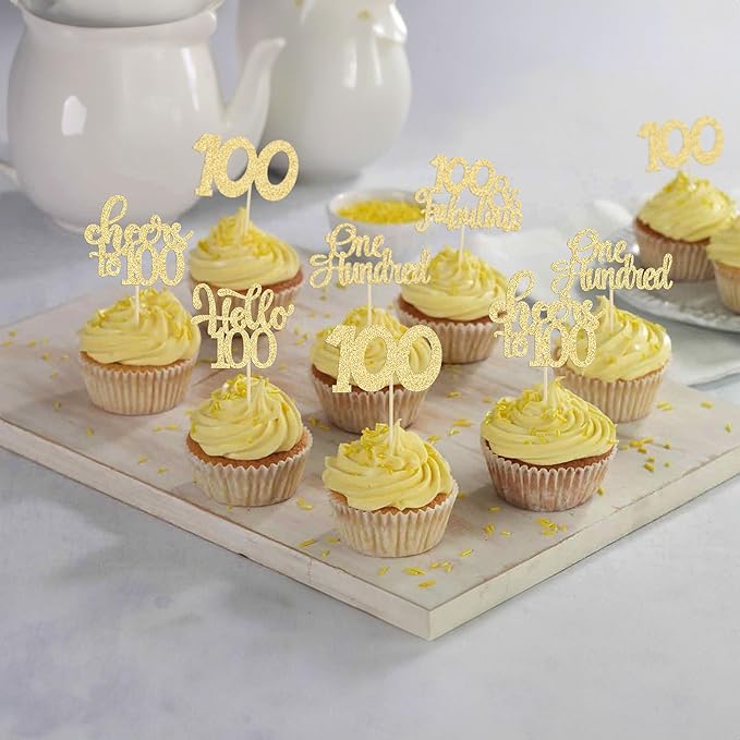 30pcs Happy 100th Birthday Cupcake Toppers - Gold Glitter One Hundred Cheers to 100 Years Old Cupcake Picks for Anniversary Party Cake Decorations