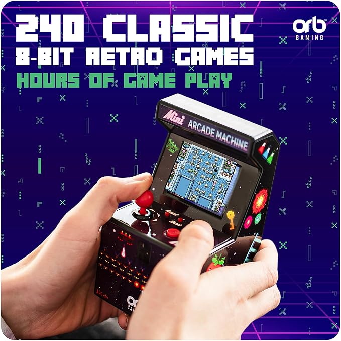 Mini Arcade Machine, 240 Built-in 8-Bit Games, 2.5” Full Colour Screen, 8-Way Joystick, Handheld Retro Games Console – Orb Gaming by ThumbsUp!