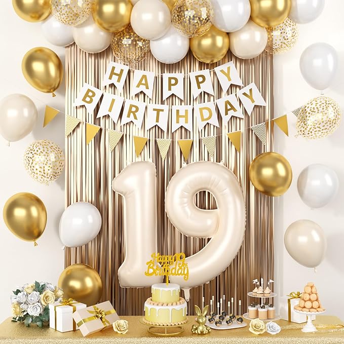 19th Birthday Party Decorations, Gold White Happy Birthday Decorations With Number 19 Balloons Beige Sand White Latex Balloon Champagne Fringe Curtain Cake Topper Banner For 19th Party Supplies