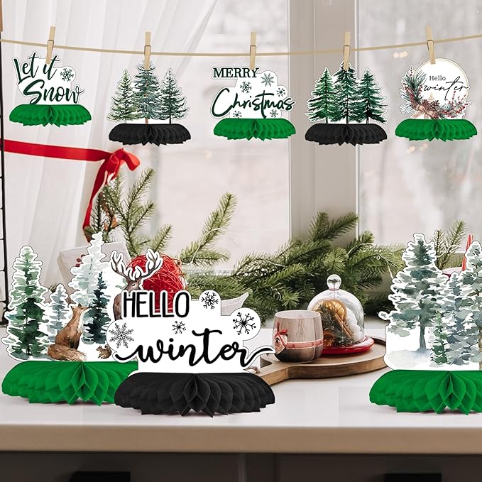 Horaldaily 9PCS Christmas Party Table Decoration Centerpieces, Merry Christmas Xmas Trees Deer Squirrel Rabbit Honeycomb Centerpieces Table Toppers for Christmas Themed Birthday Party