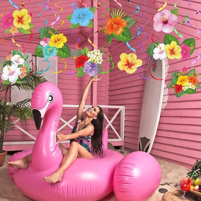 Outus 30 Pieces Hawaiian Luau Birthday Party Hanging Swirl Decorations, Flower Tropical Palm Flamingo Sign Foil Ceiling Decor for Floral Tropical Party Summer Beach Pool Tiki Supplies(Flower)