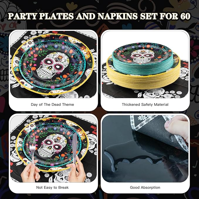 180Pcs Day of the Dead Party Supplies Paper Plates and Napkins Serve 60 Disposable Tableware Set for Birthday Party Decorations Game Day Family Holiday Sports Events