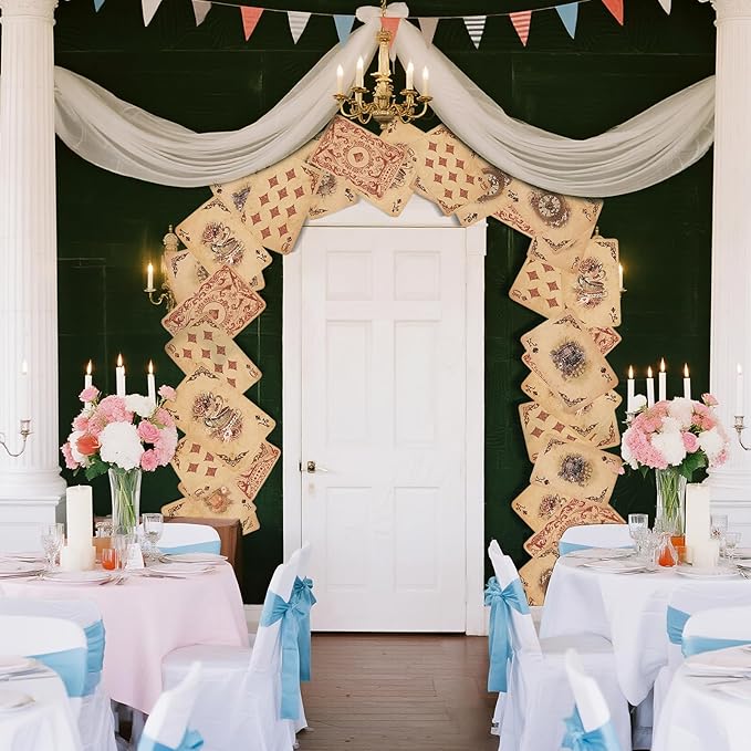 Preboun Wonderland Tea Party Decoration 6.56 x 4.9 ft Vintage Poker Cards Door Banner Wonderland Garland Photo Props Background for Birthday Baby Shower Tea Party Supplies