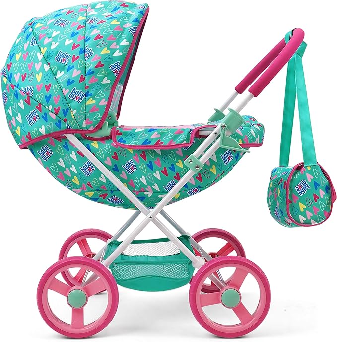 Baby Alive: Deluxe Classic Doll Pram - Green, Pink, Hearts - Accessory for Dolls Up to 18", Matching Shoulder Bag, Foldable, Storage, Kids Toy, Age 3+