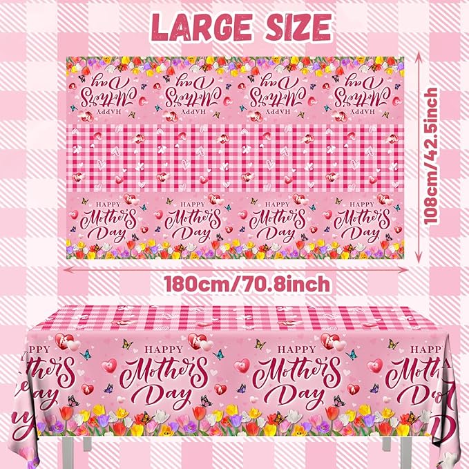 GREHUMOR 3Pcs Happy Mothers Day Tablecloth Mothers Day Party Supplies Pink Mothers Day Floral Flowers Tulip Disposable Rectangle Table Covers for Best Mom Ever Party Table Decorations