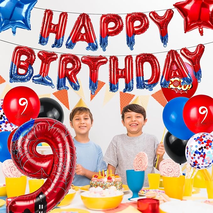 Cartoon Hero 40 Inch Red and Blue Spider Theme Number Foil Birthday Decoration Balloon, Spider Theme Happy Birthday Banner Party Decoration Balloon, Letter Logo Superhero Party Supplies (9)
