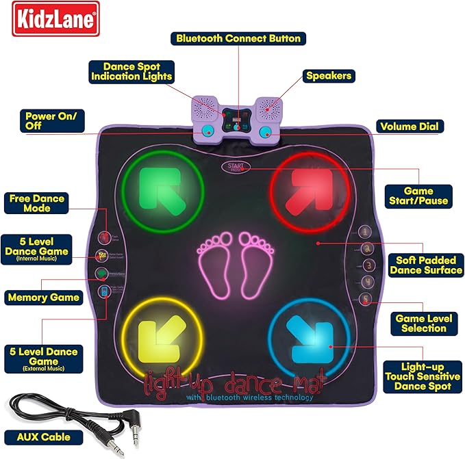 Kidzlane Electronic Dance Mat for Kids 8-12, Wireless Kids' Dance Pad with Bluetooth/AUX, Built-in Music, 5 Challenge Levels, 4 Modes - Interactive Toys for Children, Ages 6 and Up
