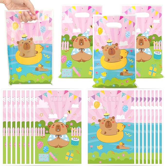 Capybara Party Favor Bags - 50Pcs Pink Capybara Patterns Goody Candy Treat Bags, Cute Animals Themed Party Decorations for Kids Boys Girls Birthday Baby Shower Animals Events Supplies