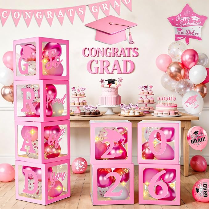 Pink Graduation Decorations Class of 2026 - Set of 4 Balloons Boxes with Letters 2026 GRAD So Proud of You, Congrats Grad Party Decorations for Any Grades