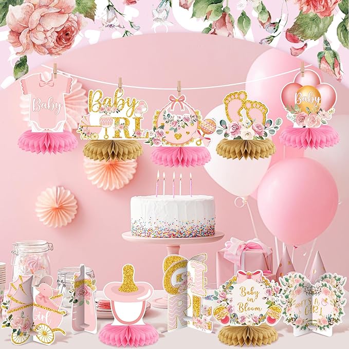 Pickmesh 12 Pieces Pink Gold Girls Baby Shower Decorations Honeycomb Centerpieces Pink Flower Bottles Balloons Carriages Baby Shower Table Decorations Table Topper for Gender Reveal Party Supplies