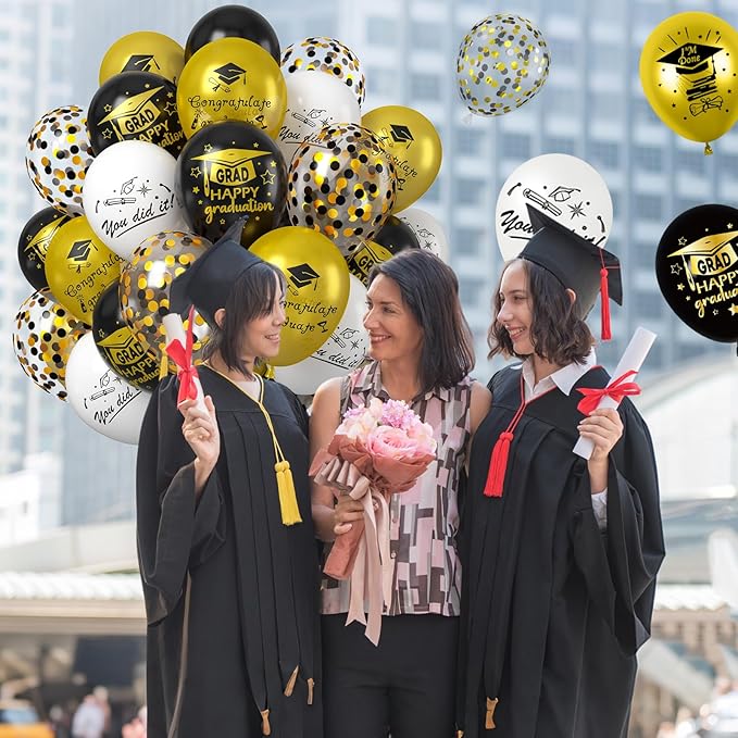 Graduation Party Decorations Balloons Set, 50PCS 12 Inch Black Gold White Confetti Party Latex Balloon for Class Of 2025 Graduation Party Decoration Supplies