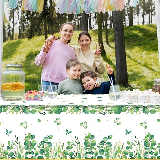 4 Pack Sage Green Eucalyptus Leaf Tablecover Sage Greenery Tablecloth Plastic Green Leaves Rectangular Greenery Table Cloths for Neutral Baby Shower Birthday Jungle Wedding Party Supplies 86 x 51 IN
