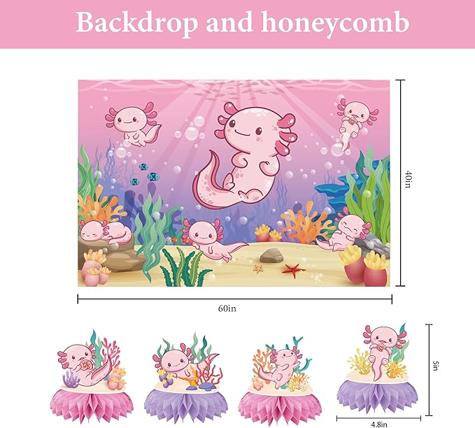Cute axolotl Themed Birthday Party Decorations Supplies Set — Banner Hanging Spirals Backdrop Honeycombs Cupcake Toppers Stickers — Pink & Aqua Party Supplies