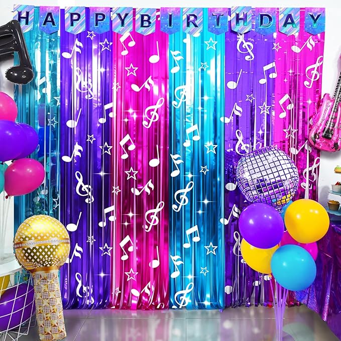 Demon Movie Hunters Birthday Party Decoration, 1 Pack Demon Movie Hunters Party Backdrop Photo Booth Prop, Pop Music Notes Print Fringe Curtains Tinsel Photo Streamers for Hunter Theme Party Supplies