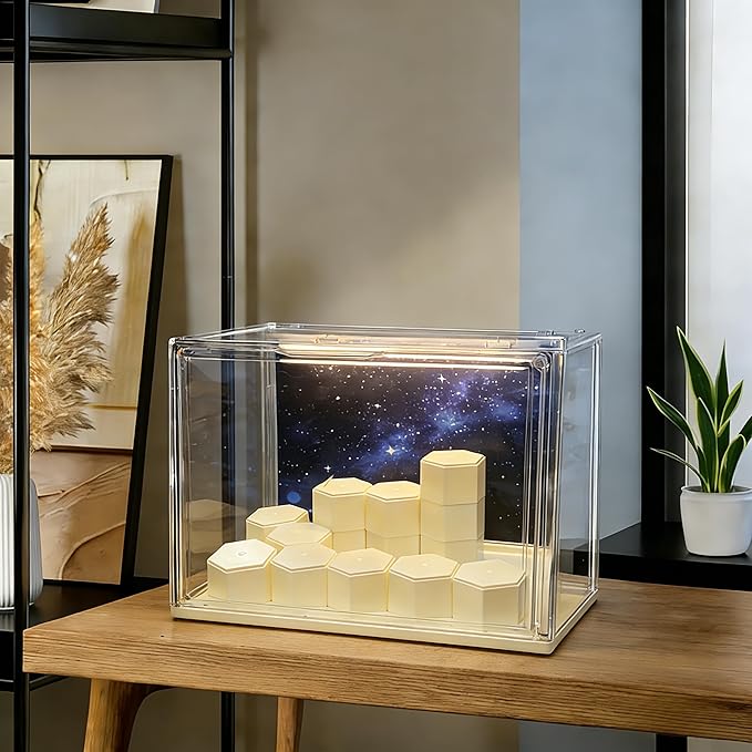 Transparent Acrylic Collectible Display Box with LED Lights, DIY Scene, with Background, dust-Proof and Moisture-Proof, for Figure Model Collection Display Cabinet (27x22x27cm/10.6x8.7x10.6in) (Large)