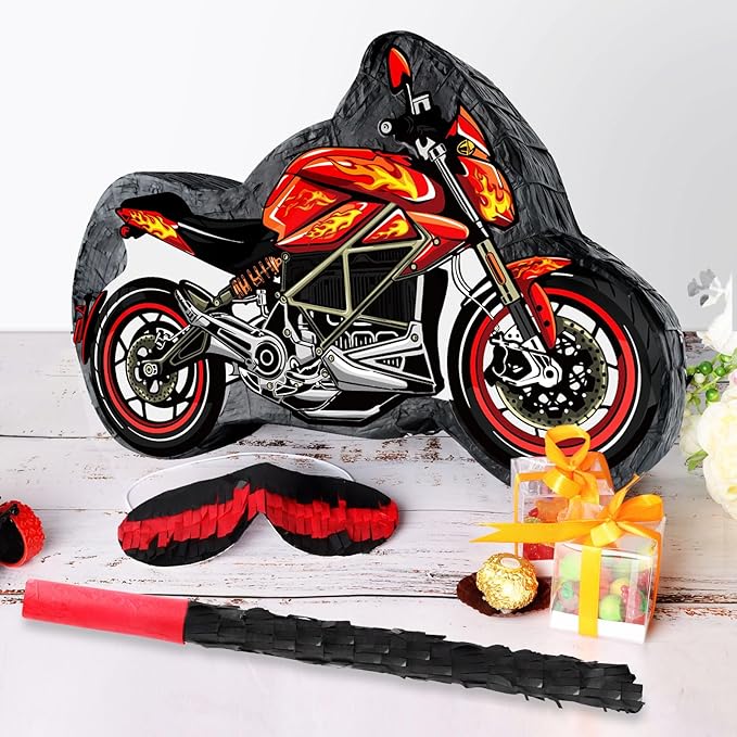 Hooqict Motorcycle Birthday Decorations Motorcycle Car Pinata with Pinata Stick & Blindfold for Kids Boys Racing Car Theme Birthday Party Supplies Decorations