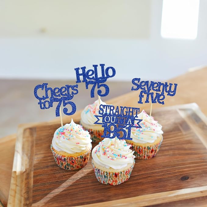 Ephlyn 24Pcs 75th Birthday Cupcake Toppers Glitter Straight Outta 1951 Cupcake Picks Hello 75 Cheers to 75 Years Cake Decorations for 75th Birthday Anniversary Party Decorations Supplies Blue