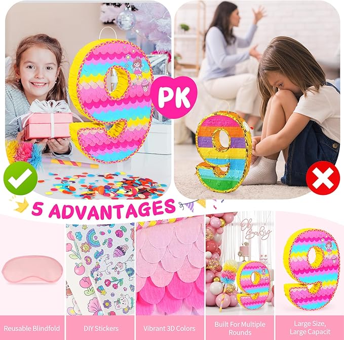 Number 9 Pinata for Birthday Party Decorations, Unicorn Mermaid Theme Pink Piñata Games Toy (9th)