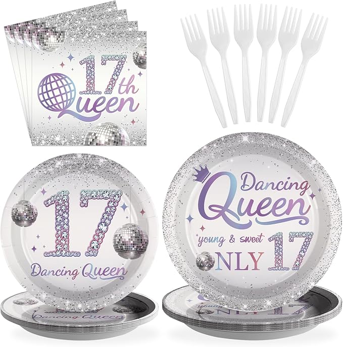 Grencian 96 Pcs Dancing Queen 17th Birthday Party Supplies Dancing Queen 17th Paper Plates and Napkins Disposable Silver Disco Party Tableware Set for Girls 17 Year Old Birthday Decorations Serves 24