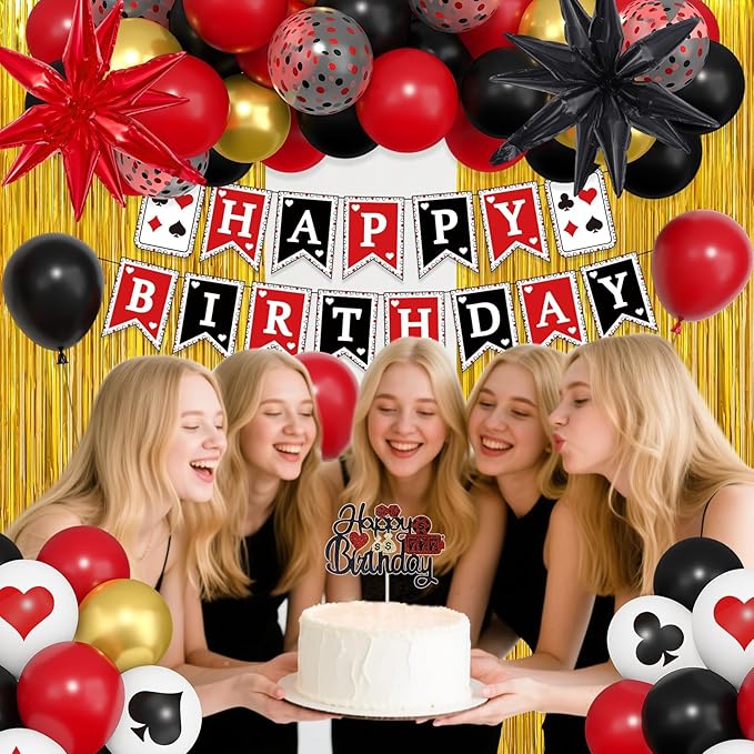 Ouddy Life 103Pcs Casino Theme Party Decorations, Red and Black Happy Birthday Banner Star Heart Poker Foil Balloons Fringe Curtain Paper Tassel Cake Topper for Las Vegas Game Night Party Decorations