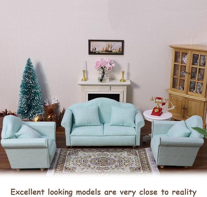 Dollhouse Couch Miniature Furniture Sofa with Pillows for Living Room Desktop Decoration Fabric Sofa Mini Home Scene Accessories Ornament (Sofa Set, Green)