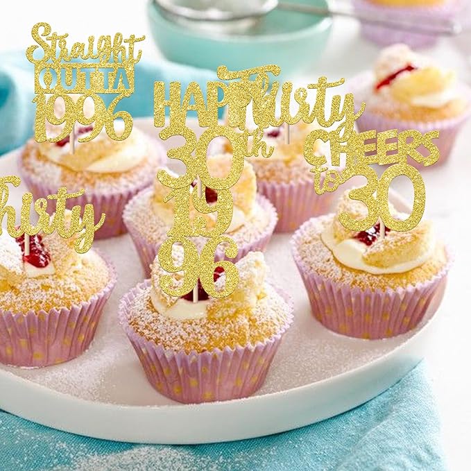 30PCS Straight Outta 1996 Cupcake Toppers Gold Glitter Thirty Happy 30th Birthday Cupcake Picks Cheers to 30 Years Cake Decorations for 30th Birthday Anniversary Party Decoration Supplies