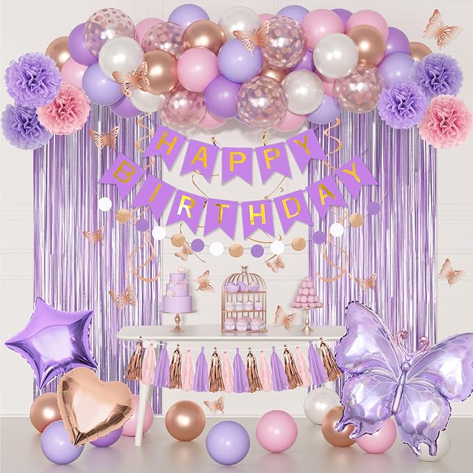 Purple Pink Birthday Party Decorations, Butterfly Confetti Rose Gold Lavender Balloons Happy Birthday Banner Fringe Curtains Hanging Swirls Circle Dots Tassels Pompoms for Women Girls Party Supplies