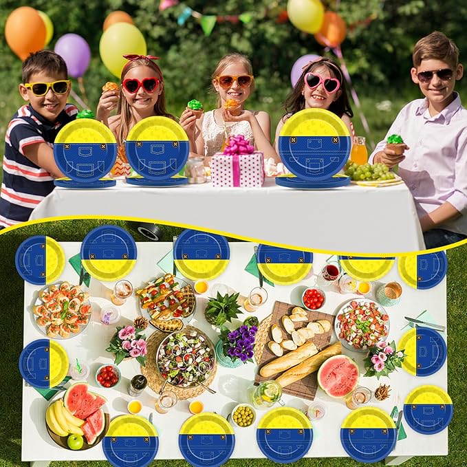 48pcs Yellow Cartoon Birthday Party Supplies Blue Jeans Paper Plates Cute Cartoons Dinner Dessert Plates Yellow Cartoon Theme Disposable Tableware for Boy Girl Birthday Baby Shower Party Decor