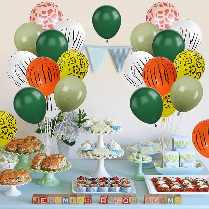 Sage Green & Olive Green Animal Print Safari Balloons - 12 Inch (4 Kinds) for Jungle Safari Theme Party Supplies