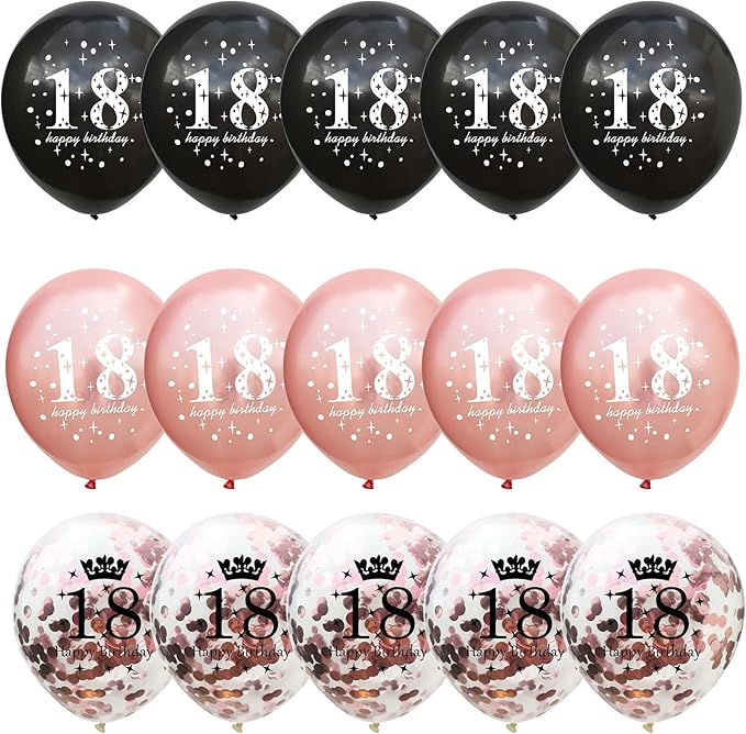 Rose Gold Black 18th Birthday Decorations for Girls, 15Pcs Happy 18th Birthday Helium Latex Balloons, Black Rose Gold Confetti 18th Balloons for Girls Age 18 Years Old Birthday Party Decor Supplies