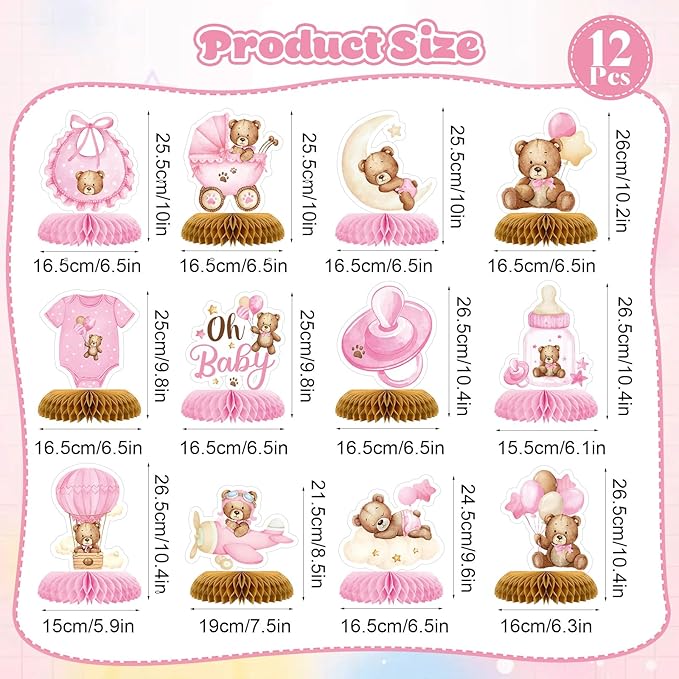 Tarklanda 12 Pcs Baby Shower Honeycomb Centerpieces Teddy Bear Themed Party Honeycomb Table Decoration Birthday Table Centerpieces for Baby Shower Gender Neutral Wedding Supplies (Pink Bear)