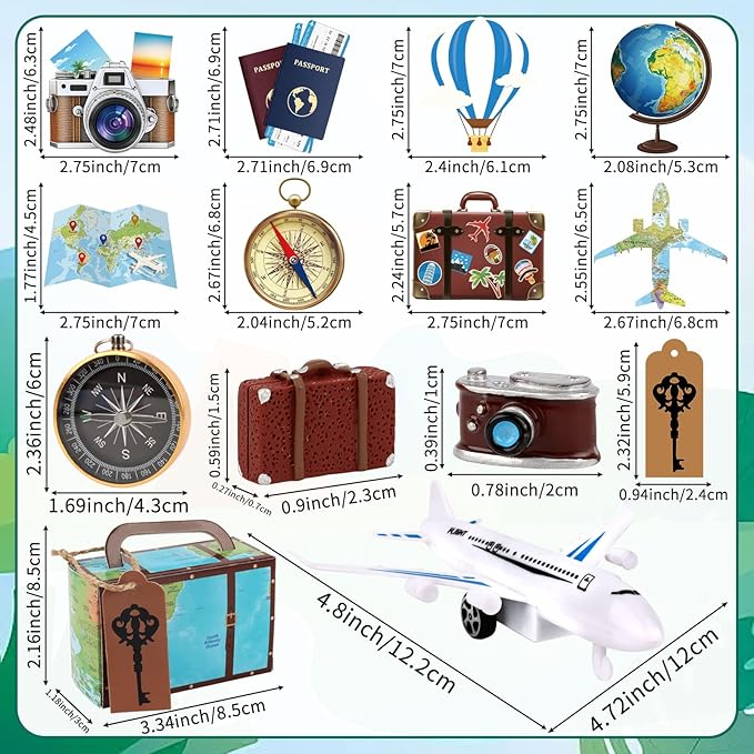 Hooqict 34 Pcs Travel Cake Topper with Mini Suitcase, Globe, Map, Airplane Cake Decorations for Travel Themed Party Decorations Let The Adventure Begin Around the World Party Supplies