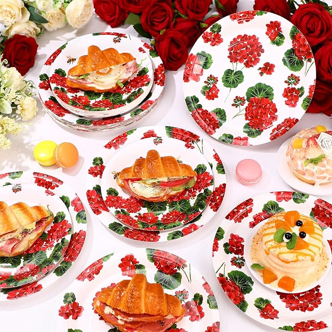 60 Pcs Spring Geranium Paper Plates 9 in and 7 in Red Floral Disposable Party Plates Summer Bee Flower Paper Dinner Dessert Tableware for Wedding Baby Shower Party Table Decor Supplies