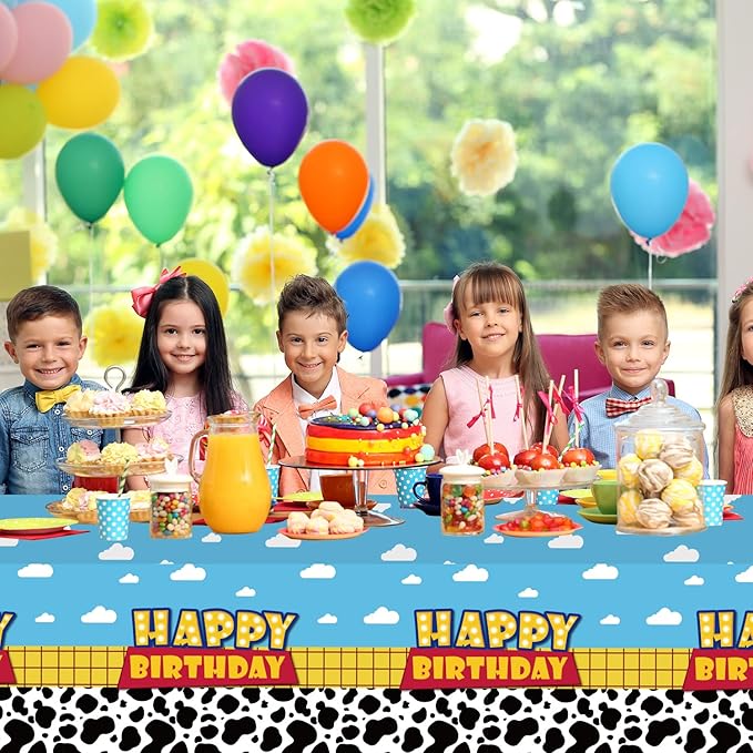 6 Pack Cartoon Story Birthday Party Supplies Cow Pattern Printed Table Cover Blue Sky and White Cloud Tablecloths Cow Birthday Party Decoration for Boy Girl Kid Birthday Party Decor 54 x 108 inch